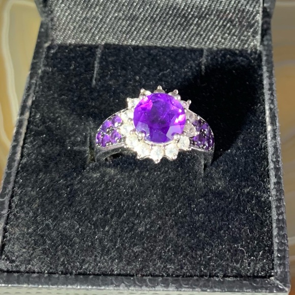 925 Sterling Silver Jewelry - STERLING SILVER NATURAL AMETHYST AND CZ RING SIZE 6